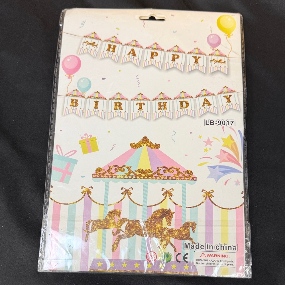 Happy Notes Gold and Pink Carousel Birthday Banner pastel Happy Birthday banner